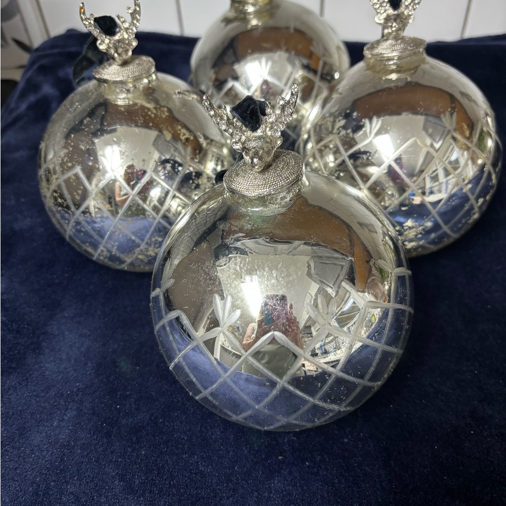 Pottery Barn Mercury Glass Etched Silver Christmas Ornament Lot Of 4 XL SIZE